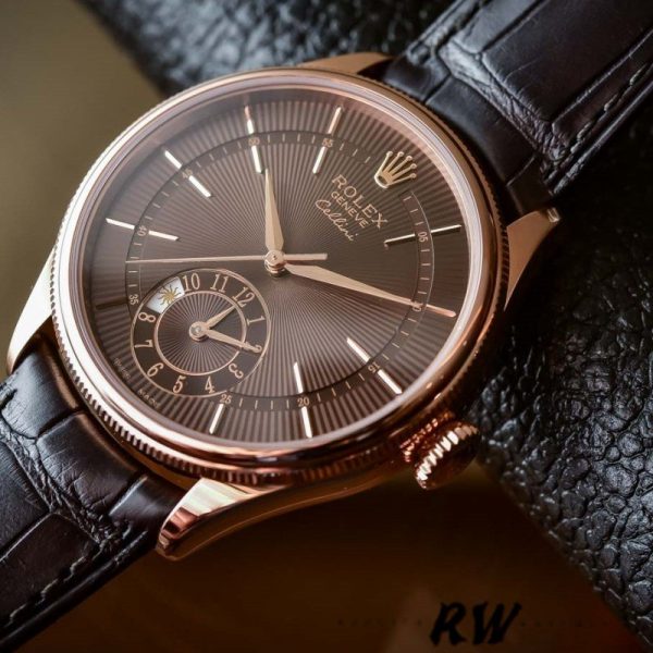 Rolex Cellini Dual Time 50525 Brown Guilloche Dial Brown Leather Strap 39mm Mens Replica Watch - Image 3