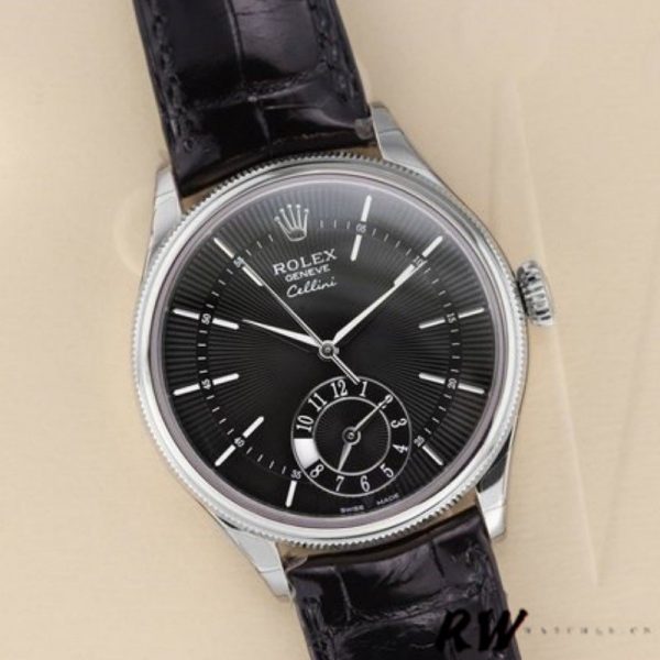 Rolex Cellini Dual Time 50529 Black Dial Brown Leather Strap 39mm Mens Replica Watch - Image 3
