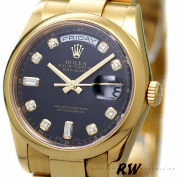 Rolex Day-Date 118208 Black Diamond Dial Yellow Gold 36mm Unisex Replica Watch - Image 3