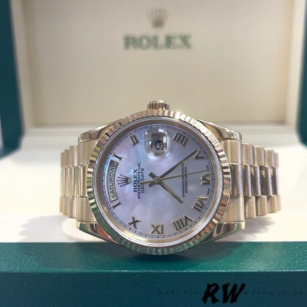 Rolex Day-Date 118238 White Mother of Pearl Roman Dial 36mm Unisex Replica Watch - Image 4