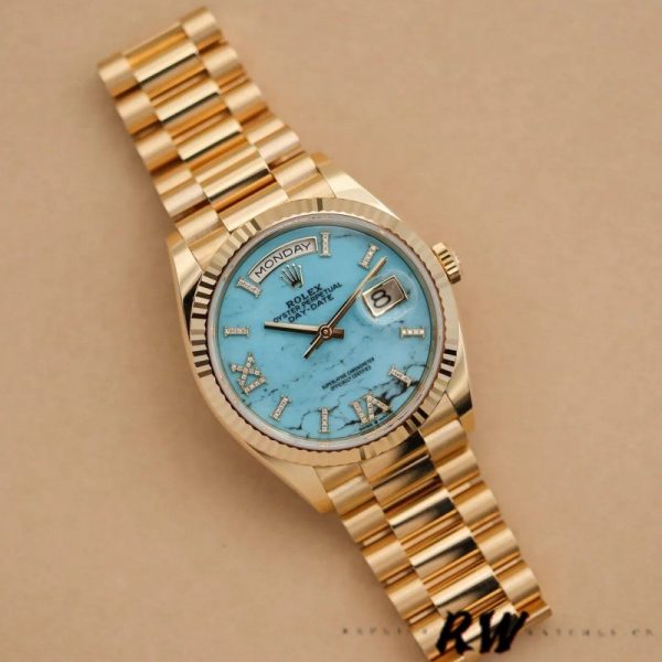 Rolex Day-Date 128238 Fluted Bezel Turquoise Diamond Dial 36MM Unisex Replica Watch - Image 3