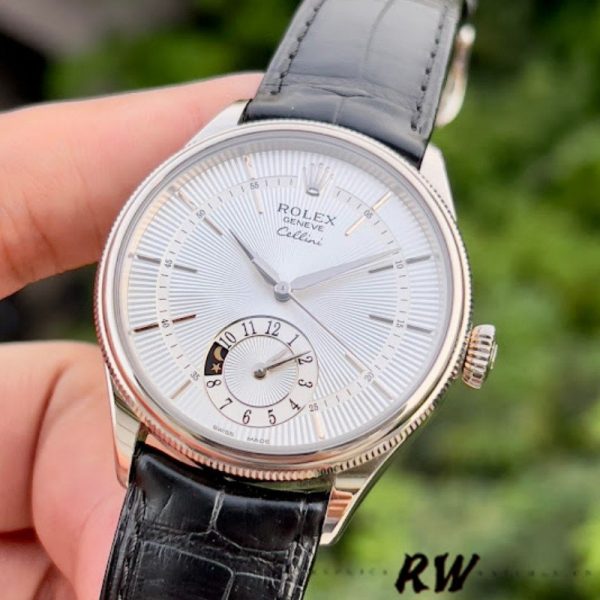 Rolex Cellini Dual Time 50529 Silver Sunburst Dial Black Leather Strap 39mm Mens Replica Watch - Image 2