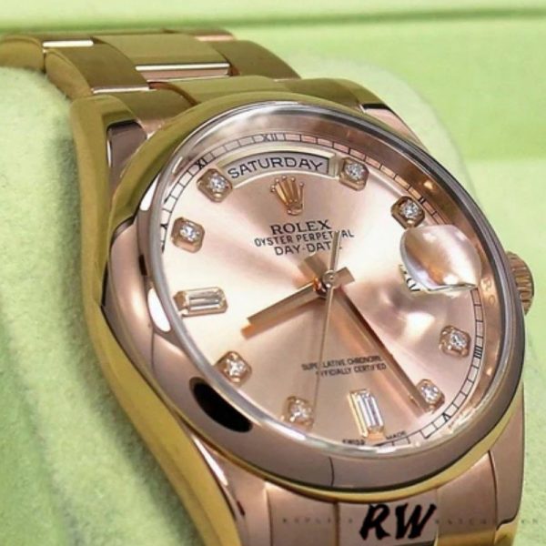Rolex Day-Date 118205 Rose Gold Pink Diamond Dial 36mm Unisex Replica Watch - Image 3
