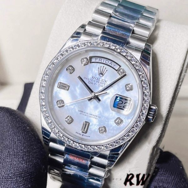 Rolex Day-Date 128349RBR White Mother of Pearl Dial Diamond Bezel 36MM Unisex Replica Watch - Image 2