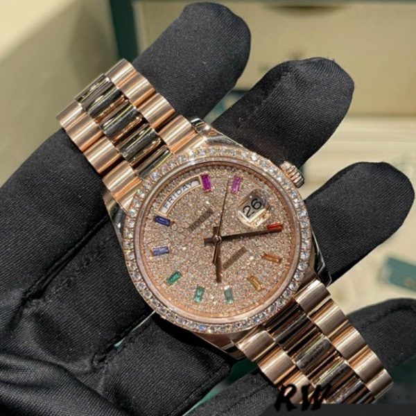 Rolex Day-Date 128345RBR Diamond Paved Dial Everose Gold 36MM Unisex Replica Watch - Image 2