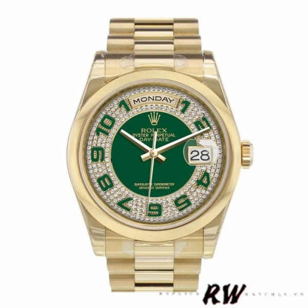 Rolex Day-Date 118208 Yellow Gold Green Diamond Paved Arabic Dial 36mm Unisex Replica Watch - Image 2