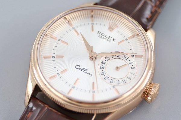 Rolex Cellini Date Rose Gold Silver Crocodile Leather Strap 50515 39mm Mens Replica Watch - Image 4