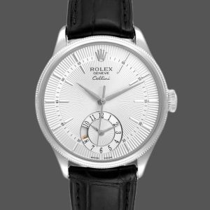 Rolex Cellini Dual Time 50529 Silver Sunburst Dial Black Leather Strap 39mm Mens Replica Watch