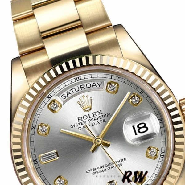 Rolex Day-Date 118238 Yellow Gold Silver Diamond Dial 36mm Unisex Replica Watch - Image 2