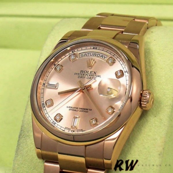 Rolex Day-Date 118205 Rose Gold Pink Diamond Dial 36mm Unisex Replica Watch - Image 2