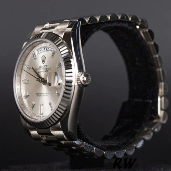 Rolex Day-Date 228239 Silver Baguette Diamond Dial Fluted Bezel 40mm Mens Replica Watch - Image 4