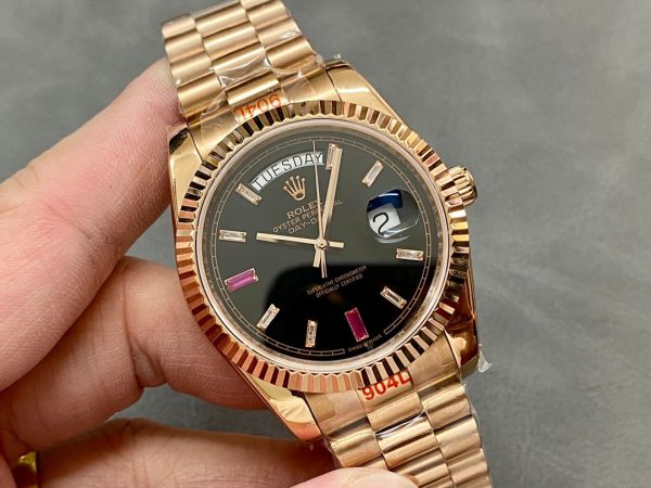 Rolex Day-Date 218235 Diamonds and Rubies Black Dial Rose Gold 41MM Mens Replica Watch - Image 4