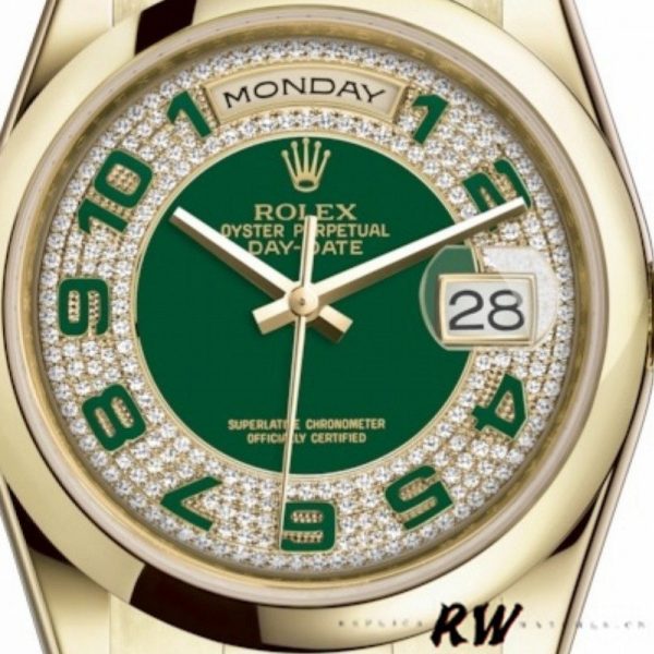 Rolex Day-Date 118208 Yellow Gold Green Diamond Paved Arabic Dial 36mm Unisex Replica Watch - Image 4