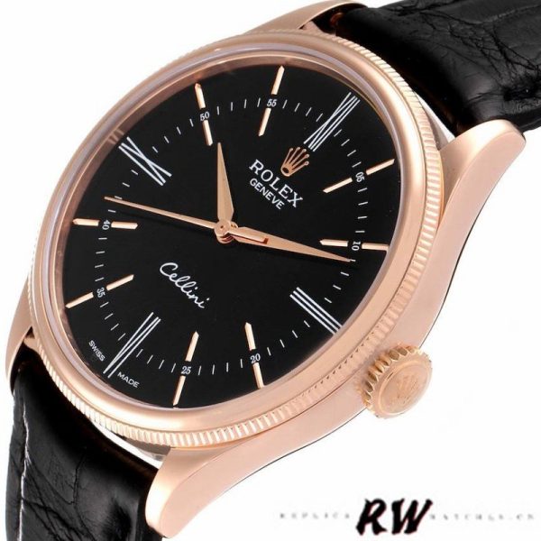 Rolex Cellini Time 50505 Black Leather Strap Black Dial 39mm Mens Replica Watch - Image 4
