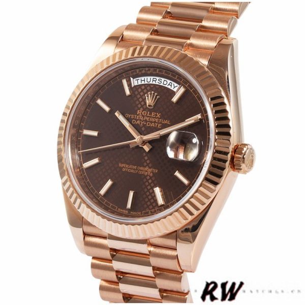 Rolex Day-Date 228235 Chocolate Brown Diagonal Motif Dial Fluted Bezel 40mm Mens Replica Watch - Image 4