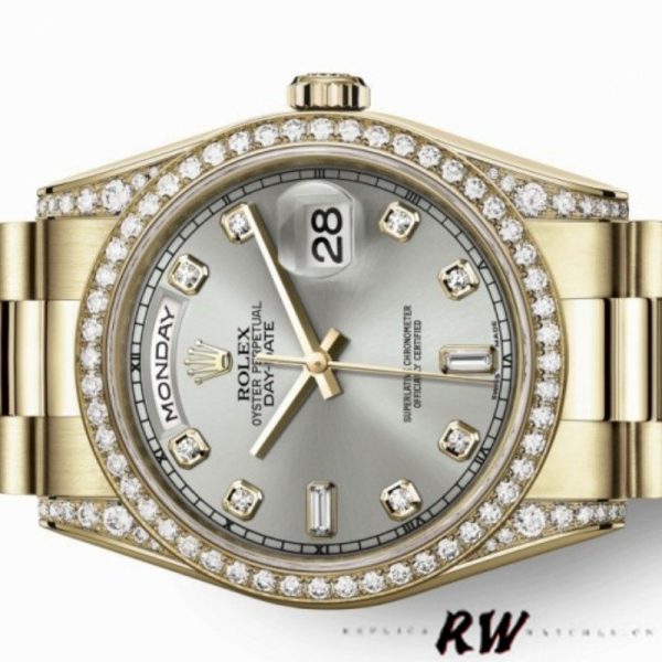 Rolex Day-Date 118388 Yellow Gold Silver Diamond Dial 36MM Unisex Replica Watch - Image 3