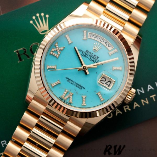 Rolex Day-Date 128238 Fluted Bezel Turquoise Diamond Dial 36MM Unisex Replica Watch - Image 2