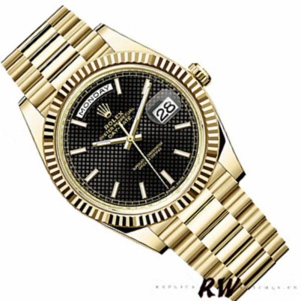 Rolex Day-Date 228238 Black Diagonal Motif Dial Fluted Bezel 40mm Mens Replica Watch - Image 3