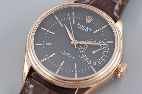 Rolex Cellini Date 50515 Brown Leather Black Index Dial 39mm Mens Replica Watch - Image 4