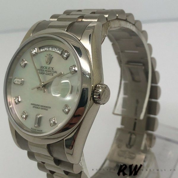 Rolex Day-Date 118206 Platinum White Mother of Pearl Diamond Dial 36mm Unisex Replica Watch - Image 4
