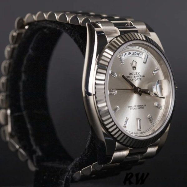 Rolex Day-Date 228239 Silver Baguette Diamond Dial Fluted Bezel 40mm Mens Replica Watch - Image 3
