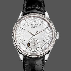 Rolex Cellini Dual Time 50529 Silver Sunburst Dial Brown Leather Strap 39mm Mens Replica Watch