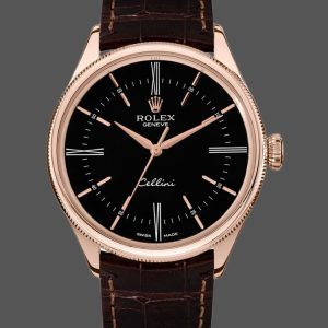 Rolex Cellini Time 50505 Brown Leather Strap Black Dial 39mm Mens Replica Watch