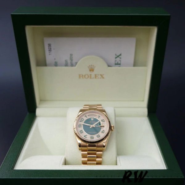 Rolex Day-Date 118238 Yellow Gold Green Diamond Pave Dial 36mm Unisex Replica Watch - Image 4