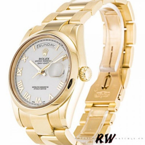 Rolex Day-Date 118208 Yellow Gold White Dial Roman Numeral 36mm Unisex Replica Watch - Image 3