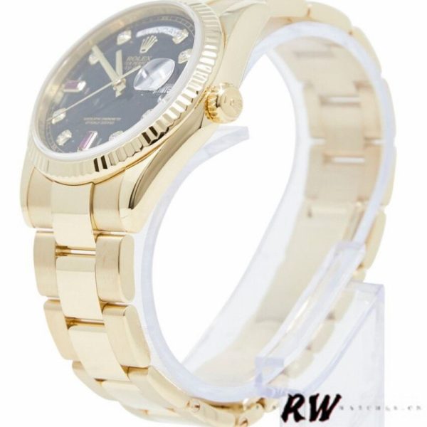 Rolex Day Date 118238 Yellow Gold Black Diamond Dial Fluted Bezel 36mm Mens Replica Watch - Image 4