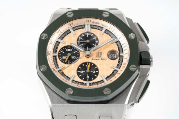 Audemars Piguet Royal Oak Offshore Chronograph 26400SO Beige Dial Green Ceramic Bezel Rubber Best Replica APF 44mm - Image 4