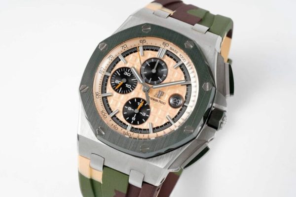 Audemars Piguet Royal Oak Offshore Chronograph 26400SO Beige Dial Green Ceramic Bezel Rubber Best Replica APF 44mm - Image 3