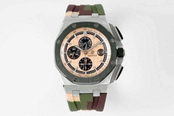 Audemars Piguet Royal Oak Offshore Chronograph 26400SO Beige Dial Green Ceramic Bezel Rubber Best Replica APF 44mm
