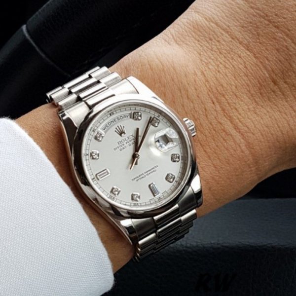 Rolex Day-Date 118209 White Gold Silver Diamond Dial Automatic 36mm Unisex Replica Watch - Image 2