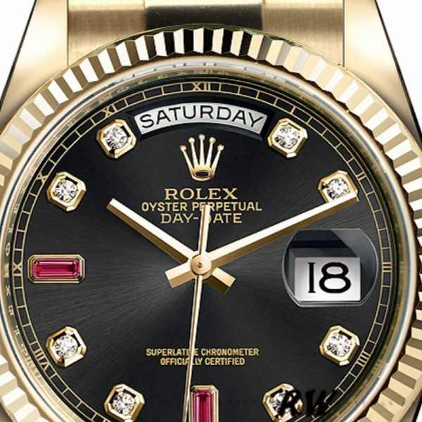 Rolex Day Date 118238 Yellow Gold Black Diamond Dial Fluted Bezel 36mm Mens Replica Watch - Image 2