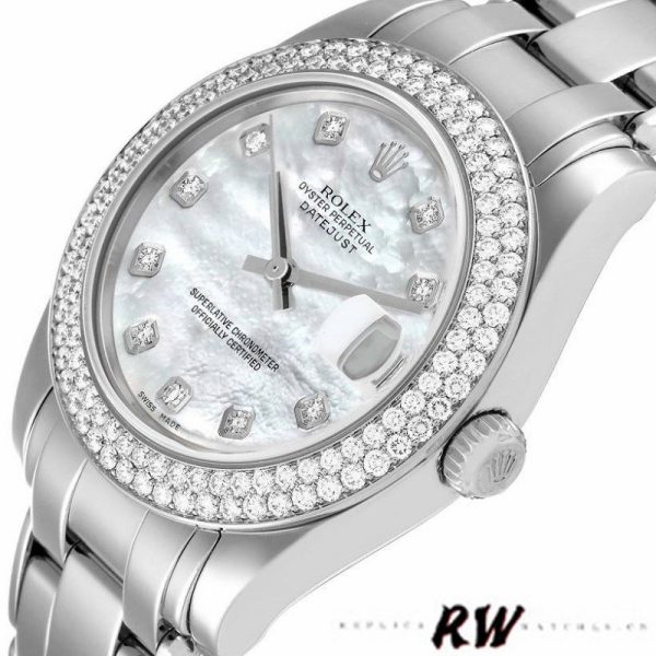Rolex Pearlmaster 81339 White MOP Diamond Dial 34mm Lady Replica Watch - Image 4