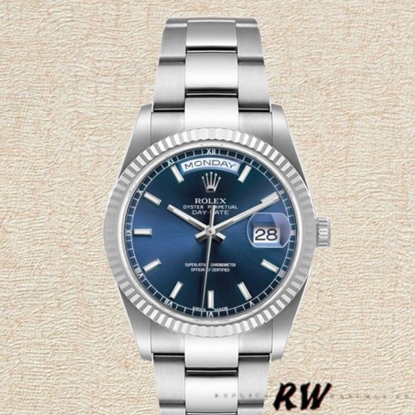 Rolex Day-Date 118239 White Gold Blue Dial Fluted Bezel 36mm Unisex Replica Watch - Image 2