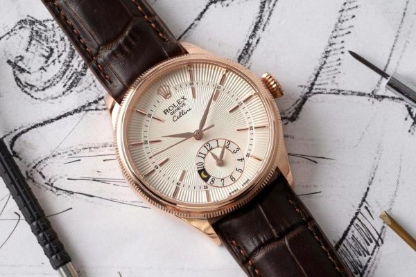 Rolex Cellini Dual Time 50525 Silver Dial Brown Leather Strap 39mm Mens Replica Watch - Image 2