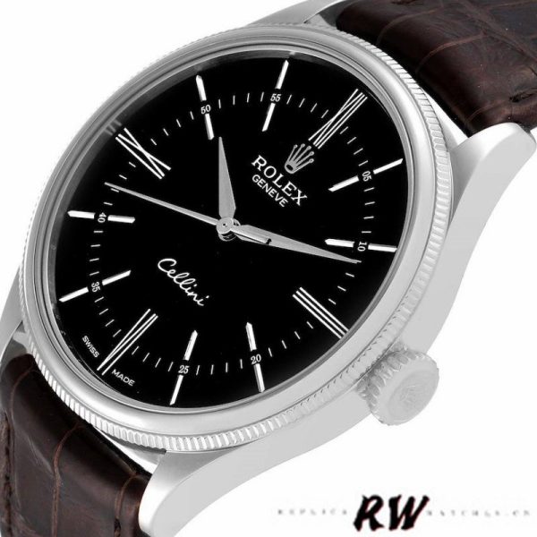 Rolex Cellini Time 50509 Brown Leather Strap Black Dial 39mm Mens Replica Watch - Image 4