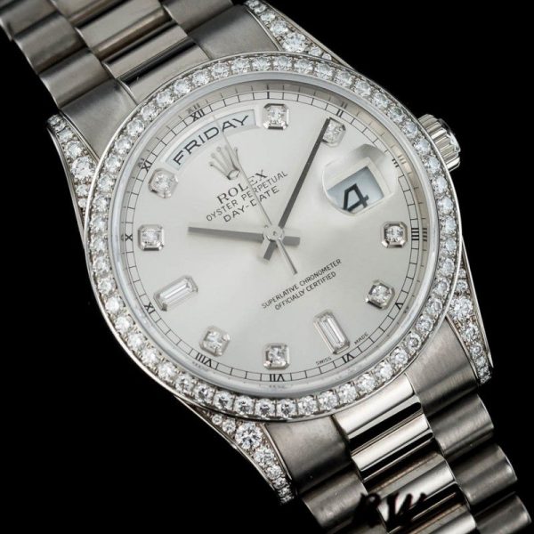 Rolex Day-Date 118389 White Gold Silver Diamond dial 36MM Unisex Replica Watch - Image 4