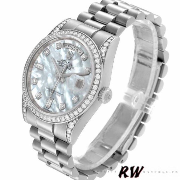 Rolex Day-Date 118389 Diamond Bezel MOP White Dial 36MM Unisex Replica Watch - Image 3