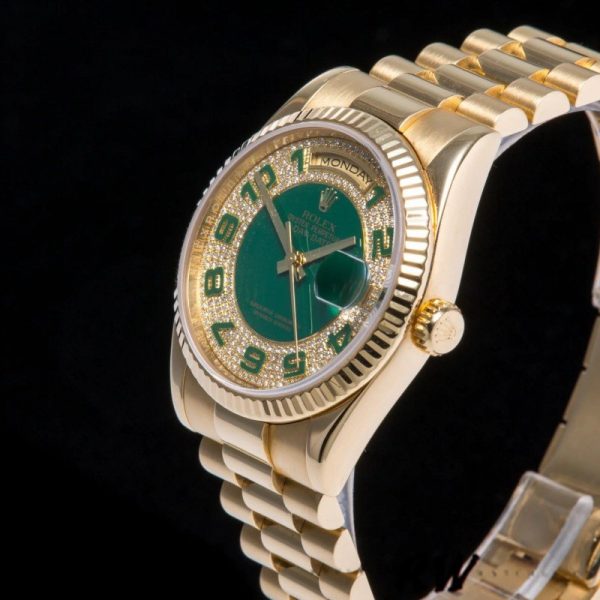 Rolex Day-Date 118238 Yellow Gold Green Diamond Pave Dial 36mm Unisex Replica Watch - Image 3