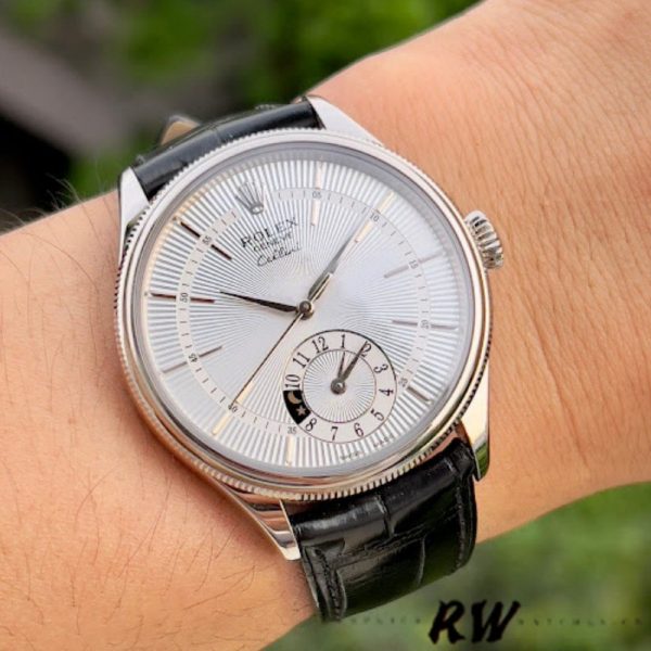 Rolex Cellini Dual Time 50529 Silver Sunburst Dial Black Leather Strap 39mm Mens Replica Watch - Image 3