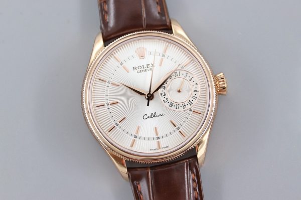 Rolex Cellini Date Rose Gold Silver Crocodile Leather Strap 50515 39mm Mens Replica Watch - Image 3