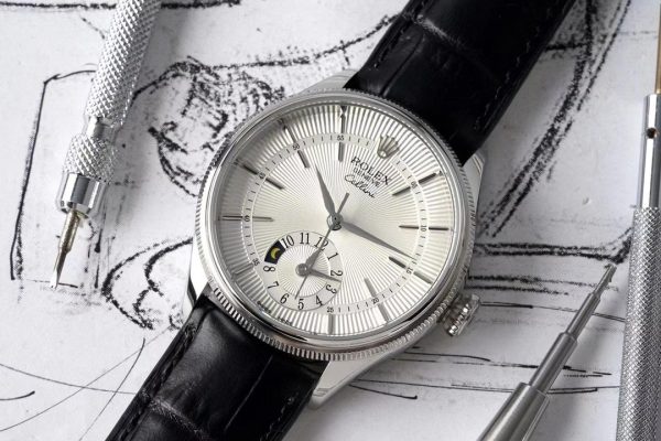 Rolex Cellini Dual Time 50529 Silver Sunburst Dial Brown Leather Strap 39mm Mens Replica Watch - Image 3