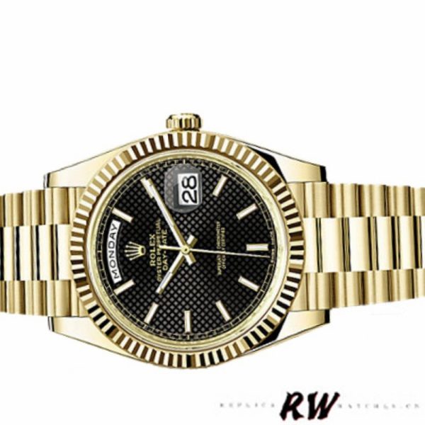 Rolex Day-Date 228238 Black Diagonal Motif Dial Fluted Bezel 40mm Mens Replica Watch - Image 4