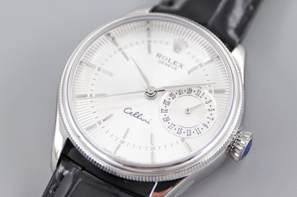 Rolex Cellini Date 50519 Black Leather Silver Dial 39mm Mens Replica Watch - Image 3