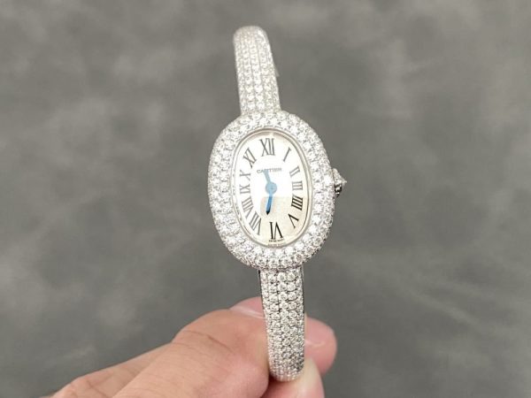 Cartier Baignoire HPI01607 Mini Model Silver Dial Iced Out Moissanite Best Replica (Wrist Size 15, 16, 17cm)