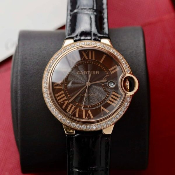 Cartier Ballon Bleu Rose Gold Grey Dial Diamond Bezel Leather Replica 42mm - Image 2
