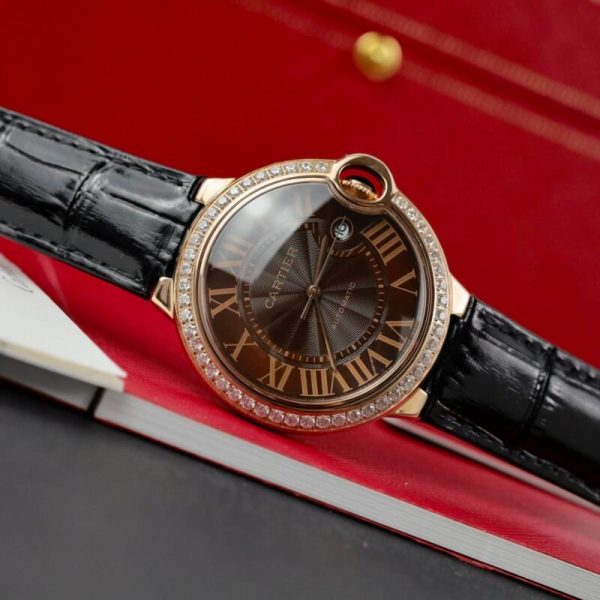 Cartier Ballon Bleu Rose Gold Grey Dial Diamond Bezel Leather Replica 42mm - Image 3